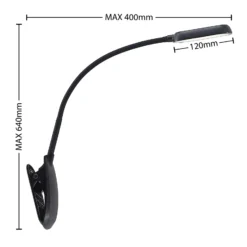 Prios lámpara de pinza LED Najari, negra, batería recargable, USB, 51 cm