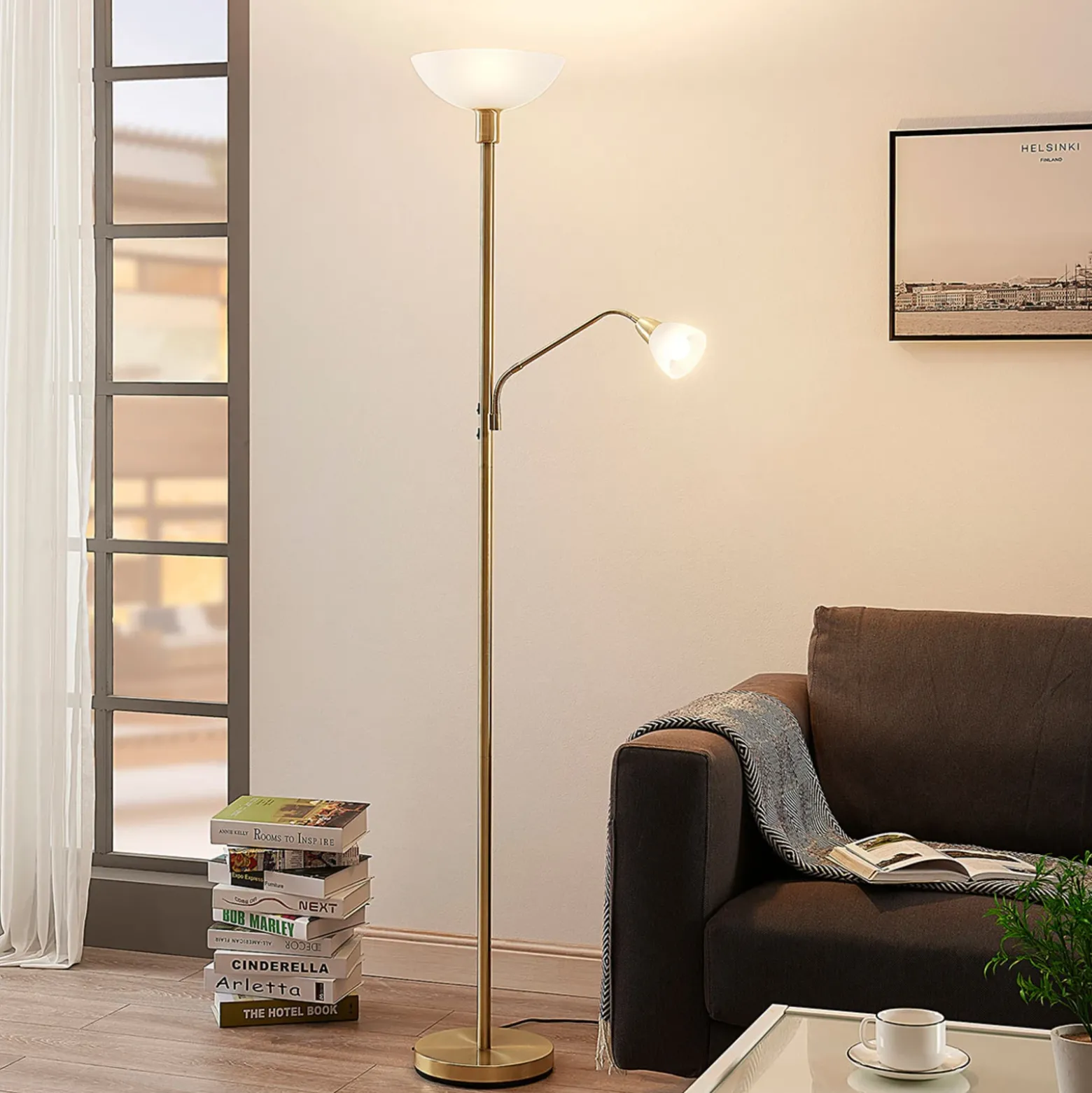 Proyector de techo Lindby Jost, 180 cm, latón, lámpara de lectura, E27