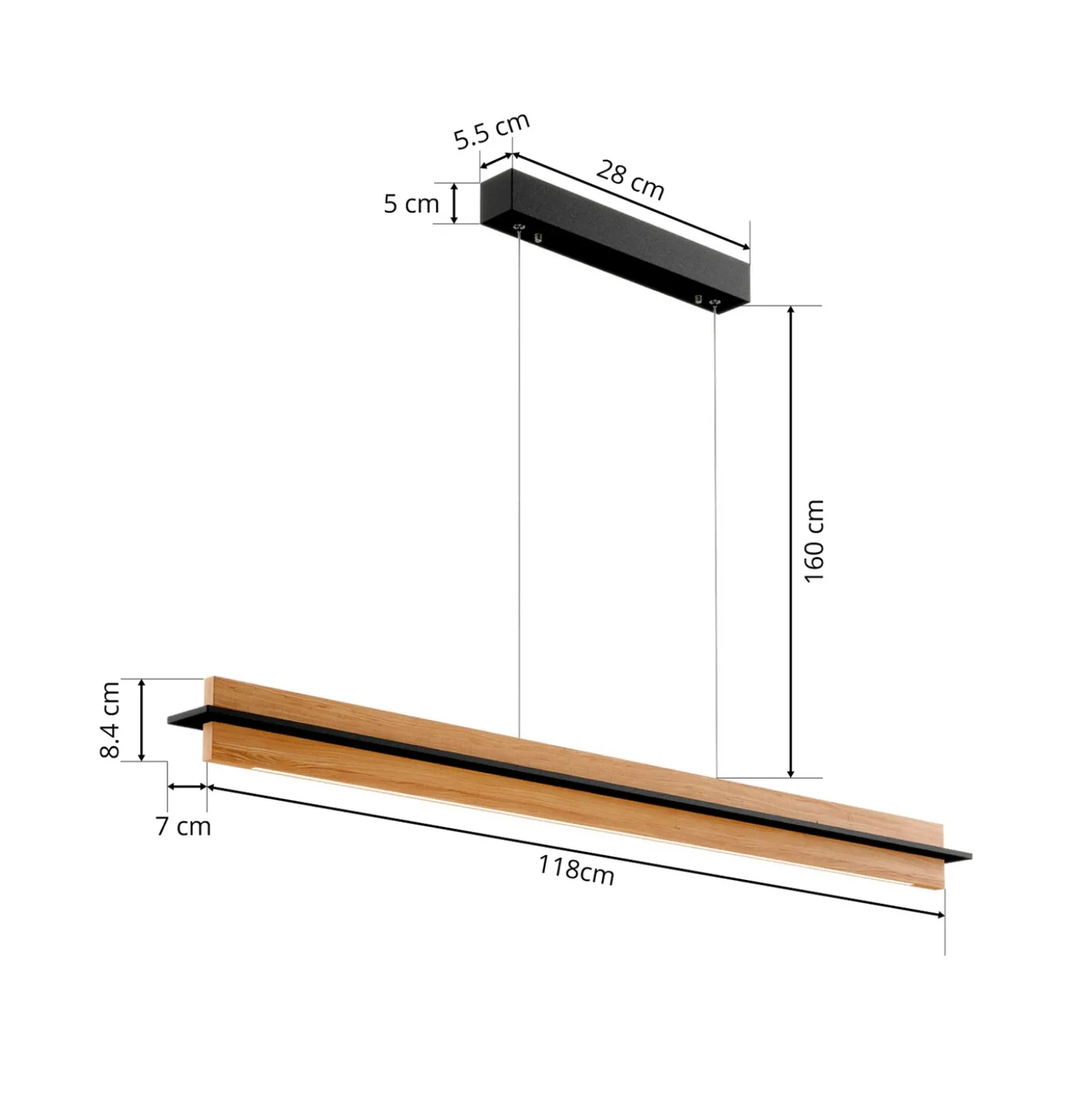 Quitani lámpara colgante LED Lexa, roble/negro, longitud 118 cm