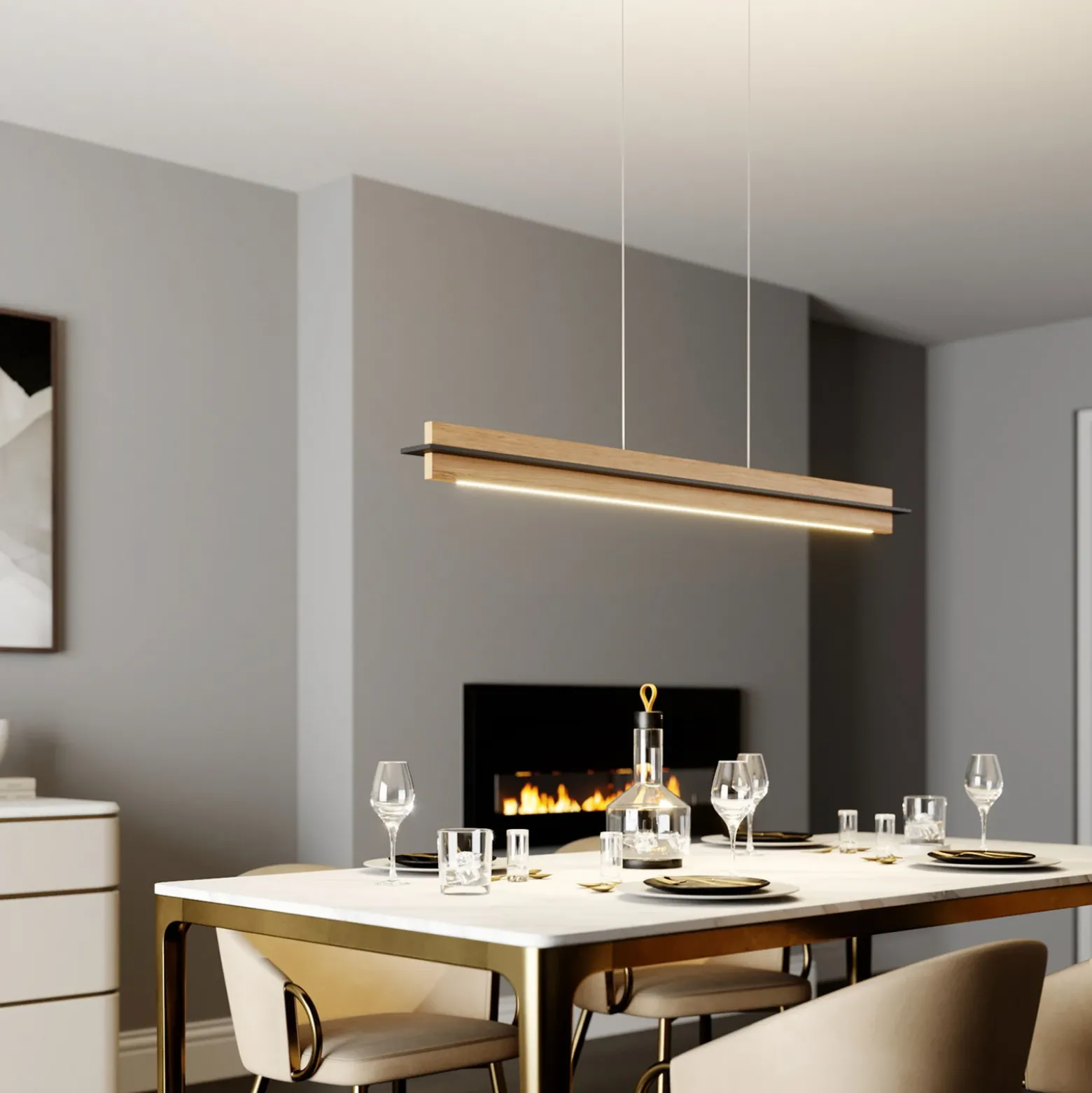 Quitani lámpara colgante LED Lexa, roble/negro, longitud 118 cm