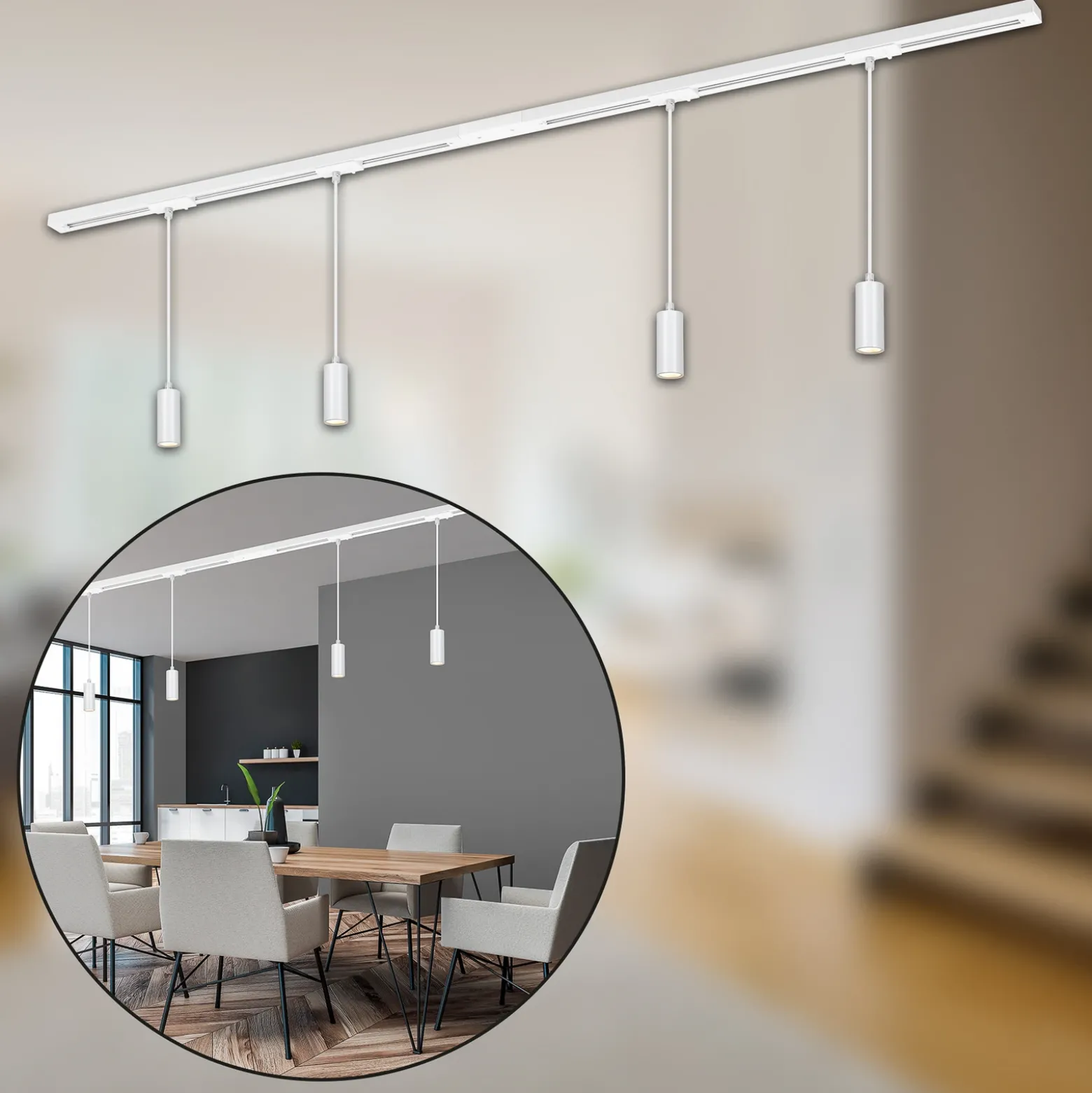 RAIL 230 V sistema de riel, blanco, 4 LED colgantes, longitud 1,5 m