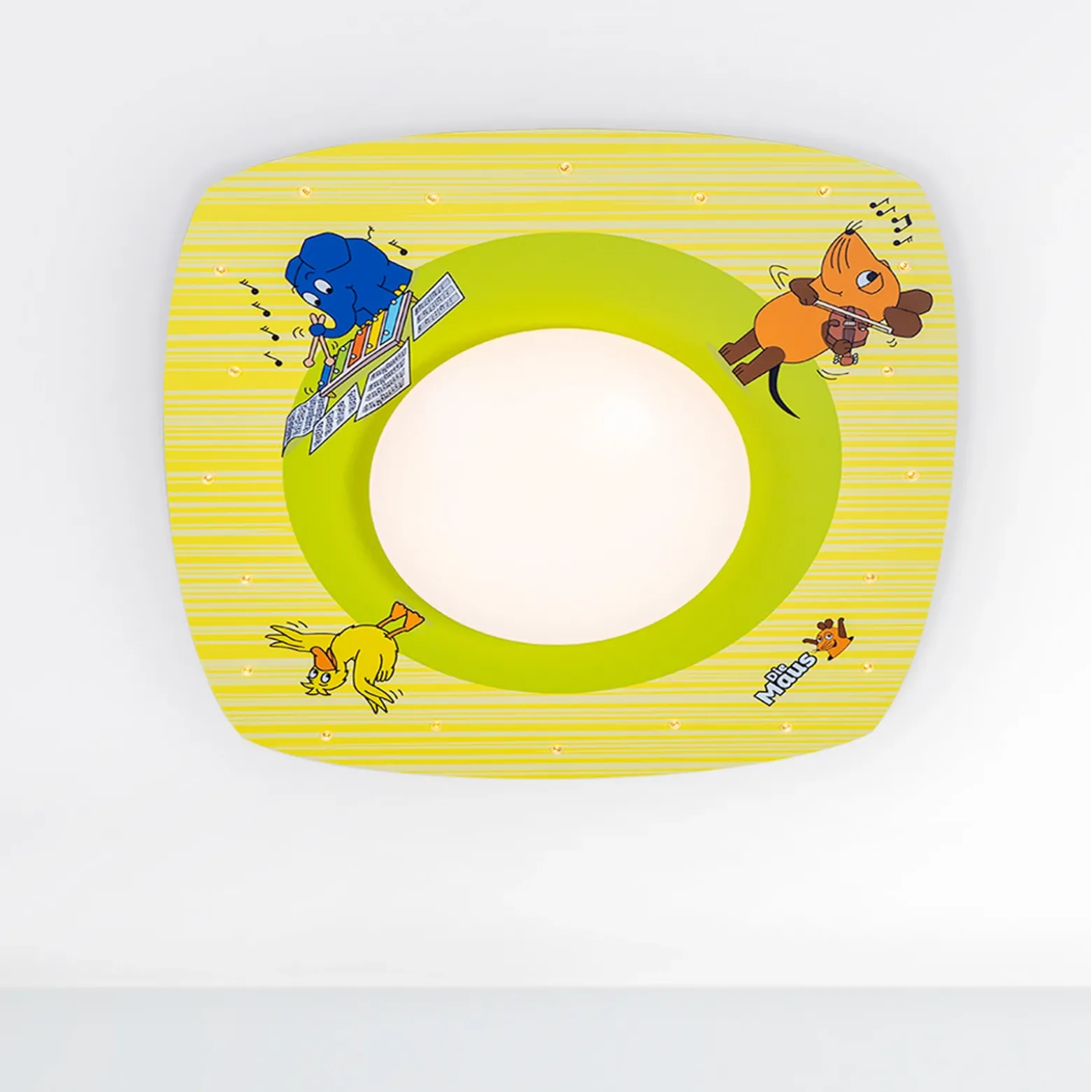 Ratón plafón LED, amarillo, Ø 58 cm, madera