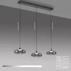 SCHÖNER WOHNEN Lámpara colgante LED Posh 3 luces, cristal ahumado, 3000 K