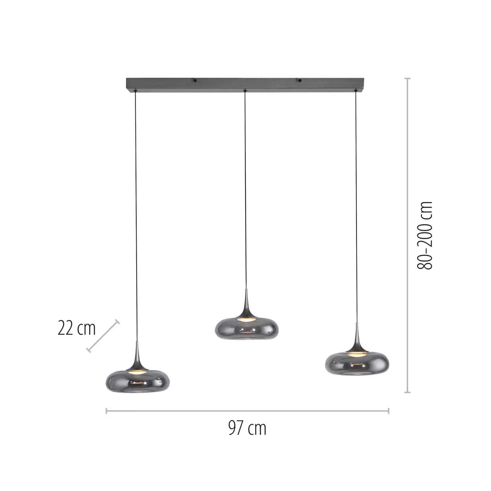 SCHÖNER WOHNEN Lámpara colgante LED Posh 3 luces, cristal ahumado, 3000 K