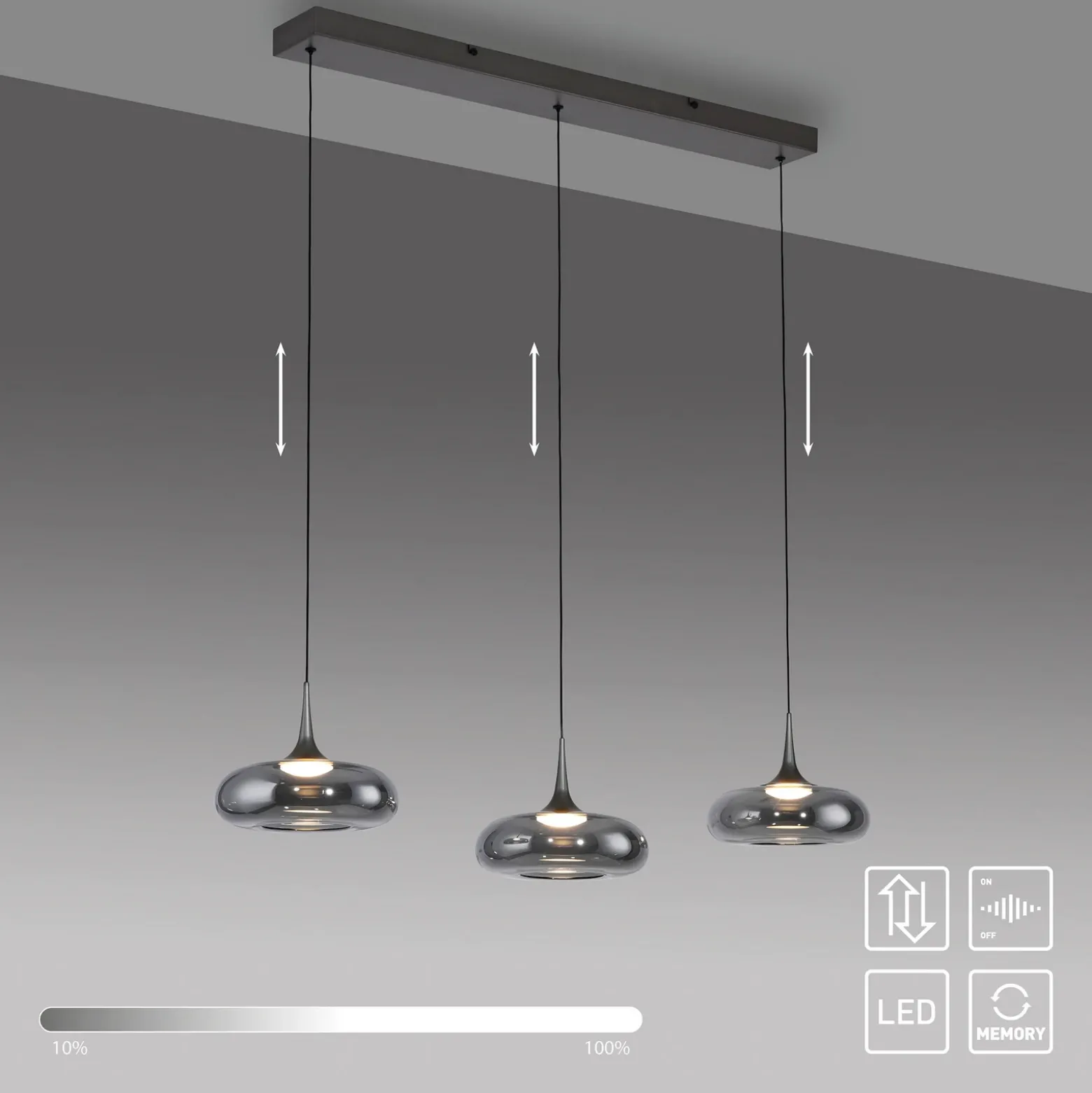 SCHÖNER WOHNEN Lámpara colgante LED Posh 3 luces, cristal ahumado, 3000 K