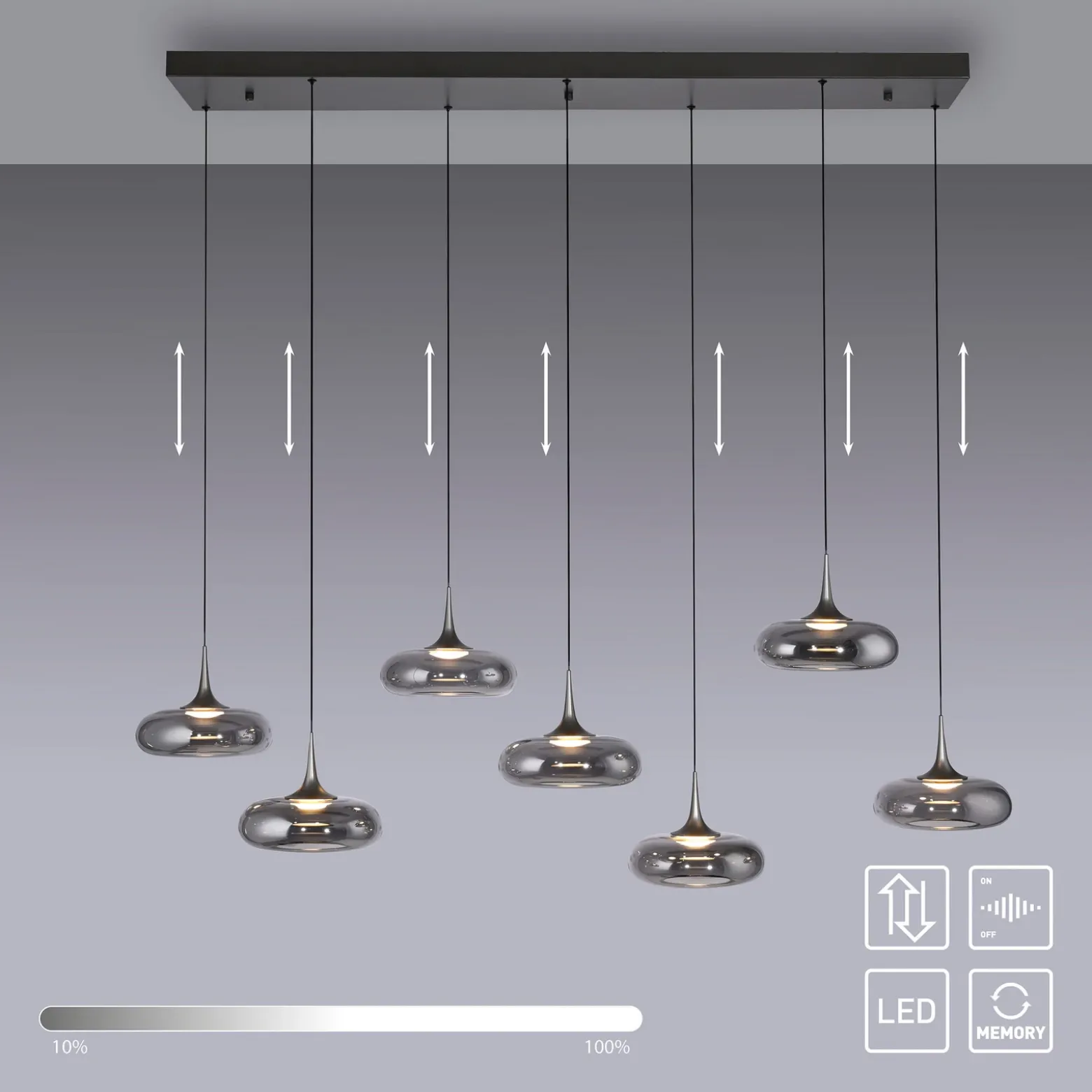 SCHÖNER WOHNEN Lámpara colgante LED Posh 7 luces, cristal ahumado, 3000 K