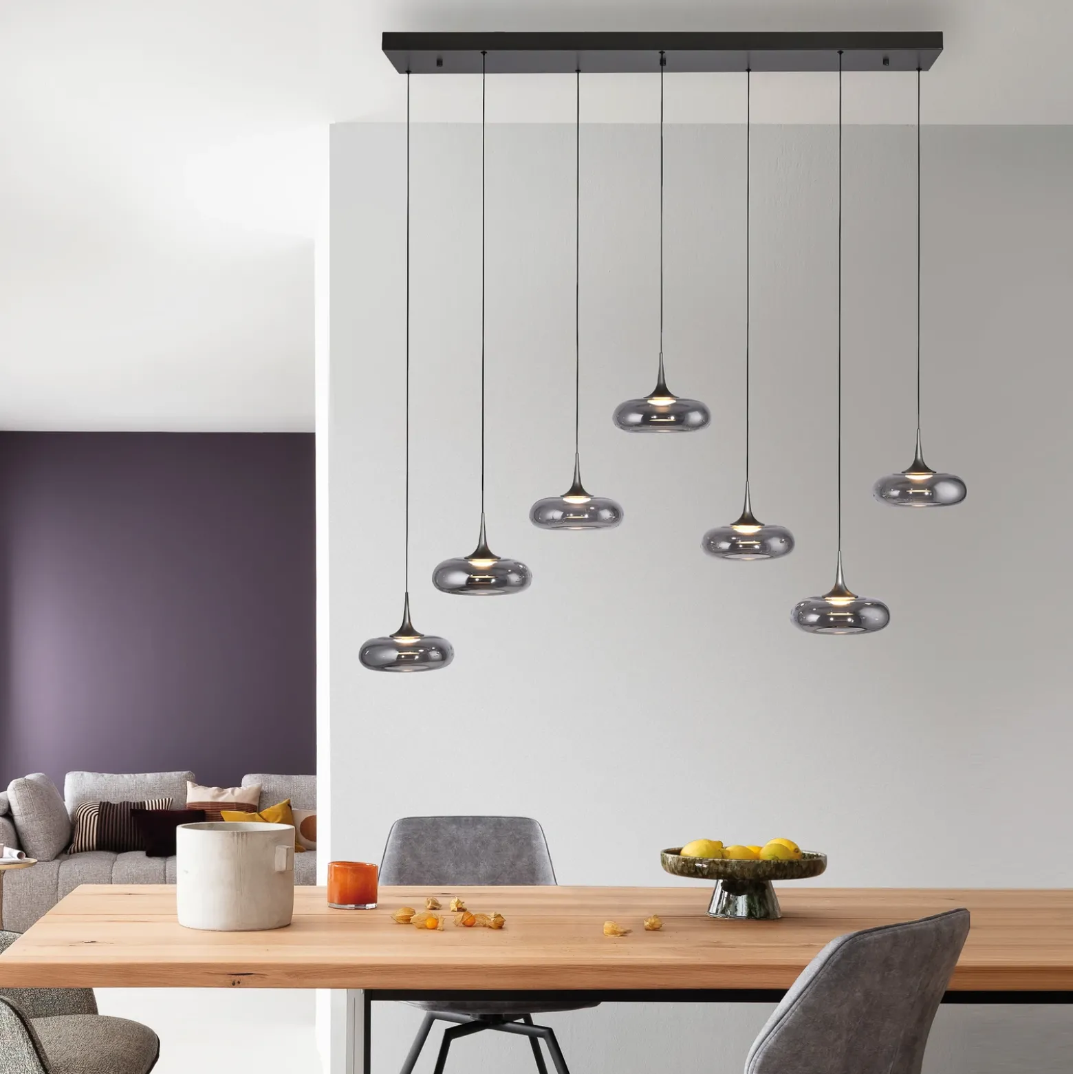 SCHÖNER WOHNEN Lámpara colgante LED Posh 7 luces, cristal ahumado, 3000 K