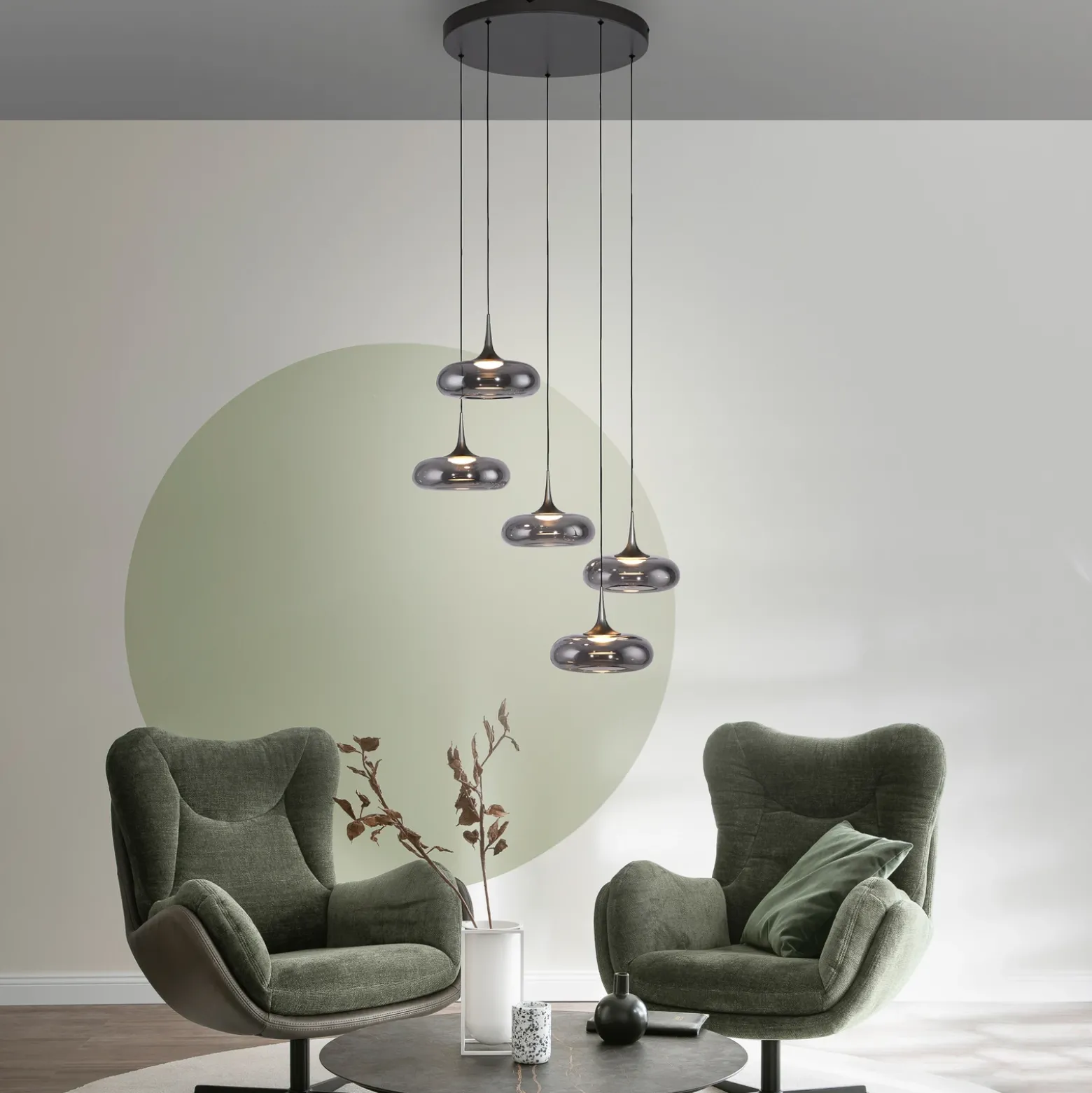 SCHÖNER WOHNEN Lámpara colgante LED Posh 5 luces, cristal ahumado, 3000 K