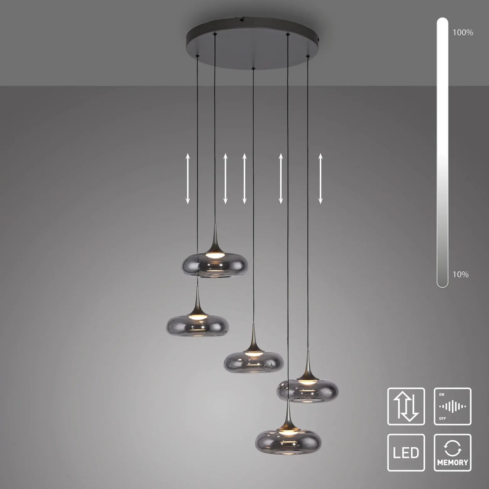 SCHÖNER WOHNEN Lámpara colgante LED Posh 5 luces, cristal ahumado, 3000 K