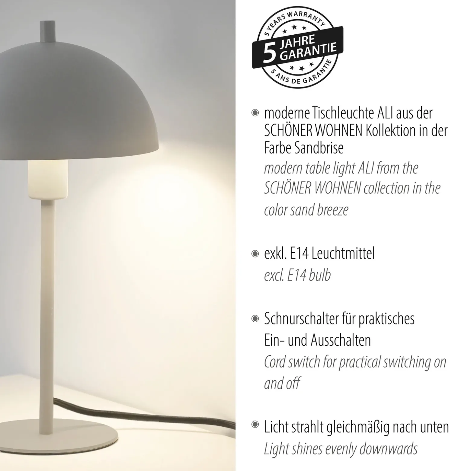Schöner Wohnen Lámpara de mesa Ali, brisa de arena, hierro, E14