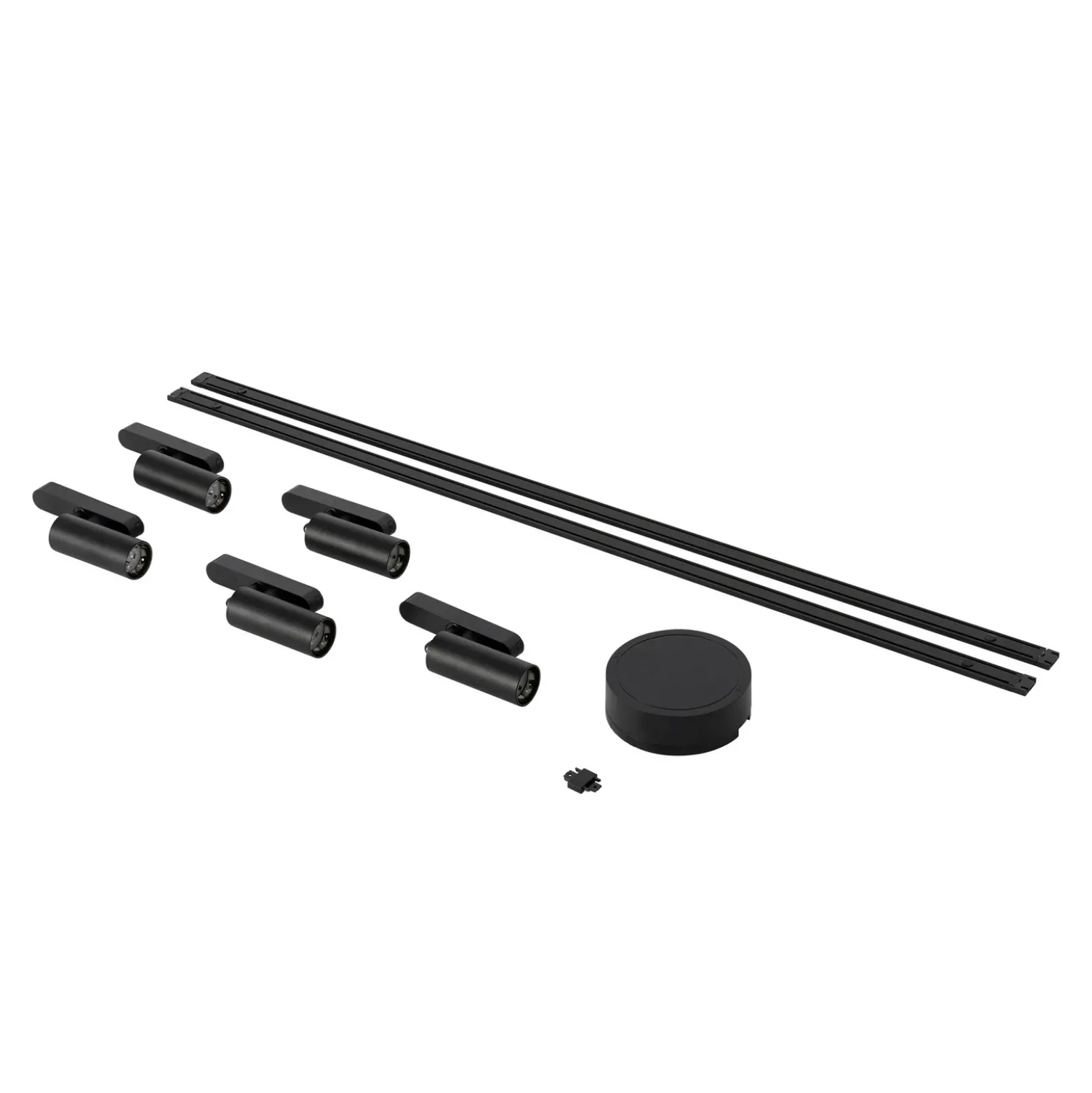Sistema de rieles de 48 V, focos Lumaro de 5 luces, negros, Ø 4 cm, atenuables