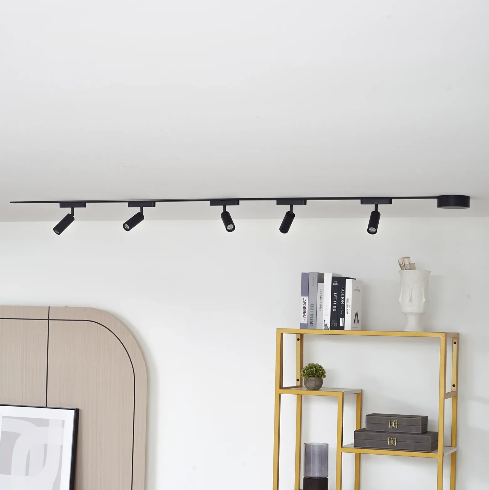Sistema de rieles de 48 V, focos Lumaro de 5 luces, negros, Ø 4 cm, atenuables