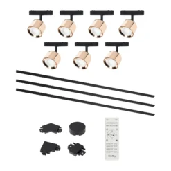 Sistema de rieles Lumaro, focos, 7 luces, dorado, Ø 8 cm, 48 V, atenuables
