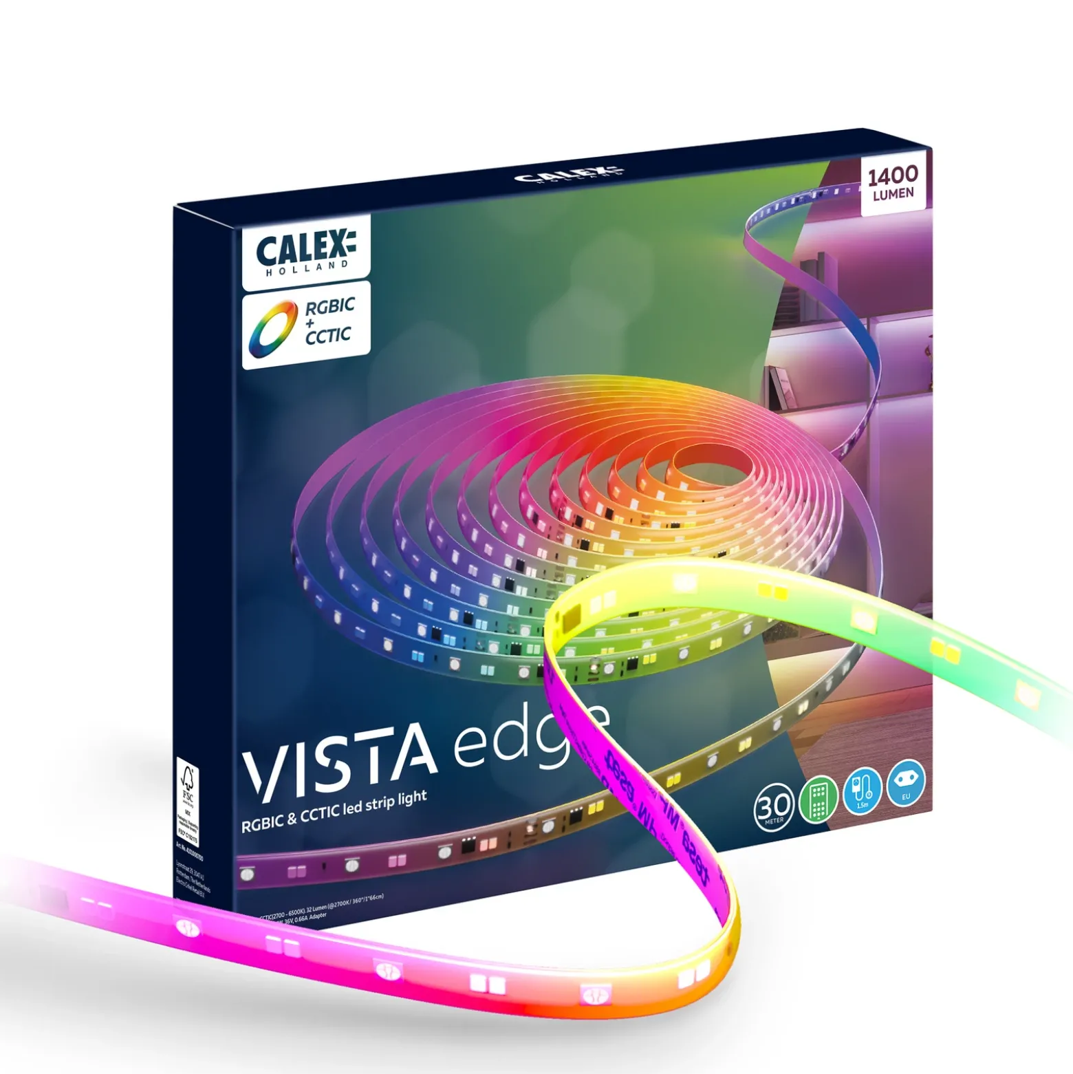 Tira LED Calex Vista, longitud 30 m, RGB, control remoto CCT