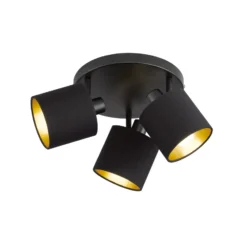 Tommy downlight de techo, negro/oro, Ø 25 cm, 3 luces, tela