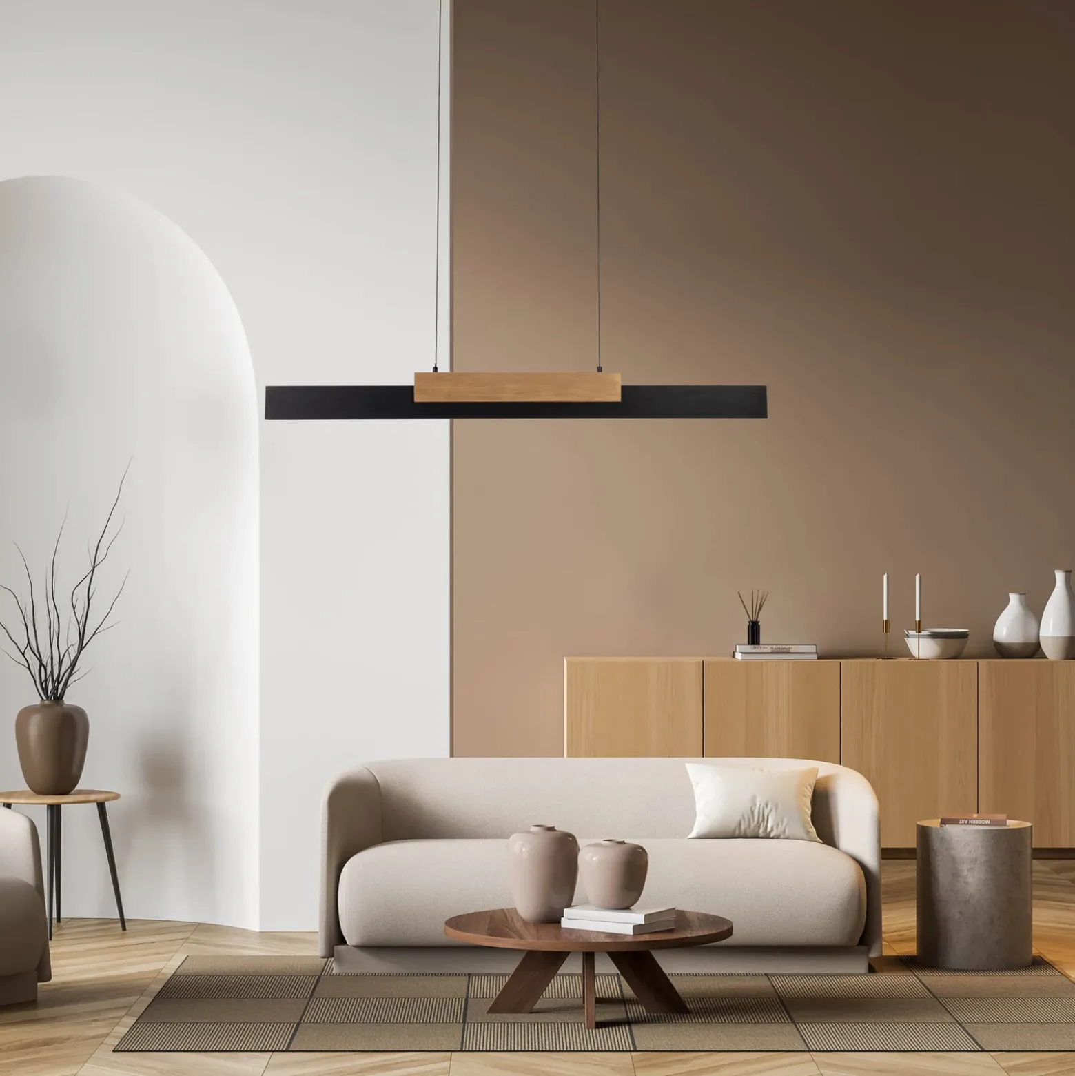 Wiebke Lámpara colgante LED, detalle en madera negra 120,5 cm atenuable