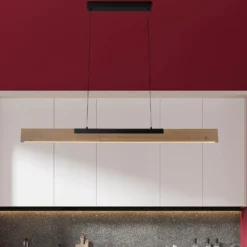Wilma Lámpara colgante LED, madera, longitud 122 cm, atenuable
