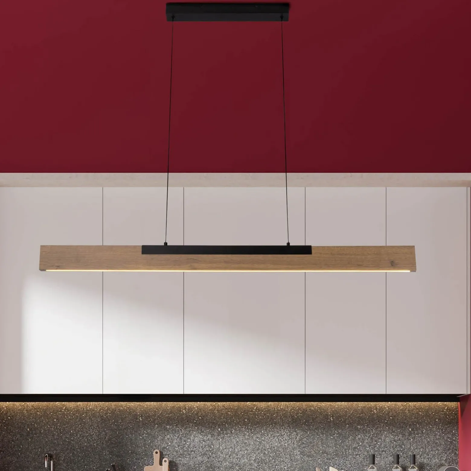 Wilma Lámpara colgante LED, madera, longitud 122 cm, atenuable